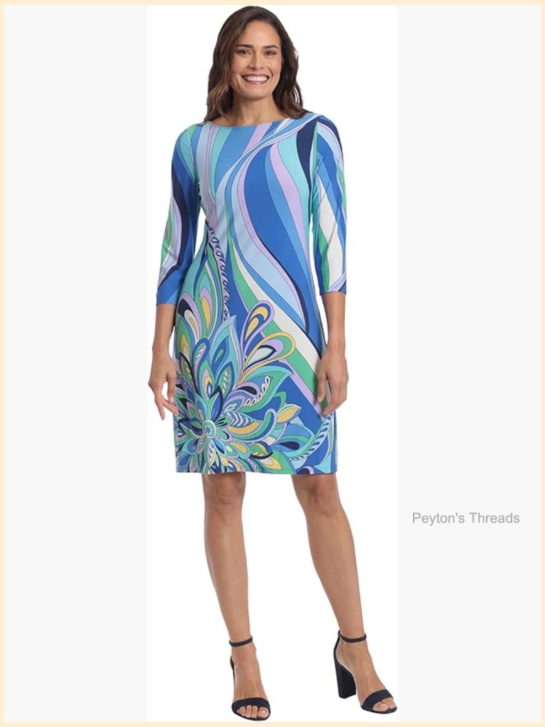 3/4 Sleeve Shift Dress Boat Neck Above Knee Geometric Print